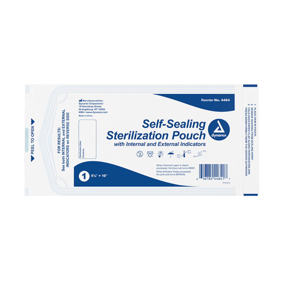 Dynarex Sterilization Pouches | Self-Sealing Instrument Pouches feature internal/external indicators and a secure self-seal closure. The white pouch with blue details measures 5½” x 10”, ideal for safe instrument sterilization.
